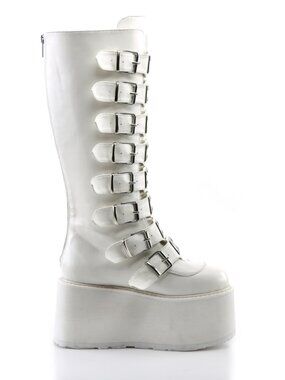 White Vegan Leather Knee-High Boots with 8 Buckle Straps, Metal Plate Details